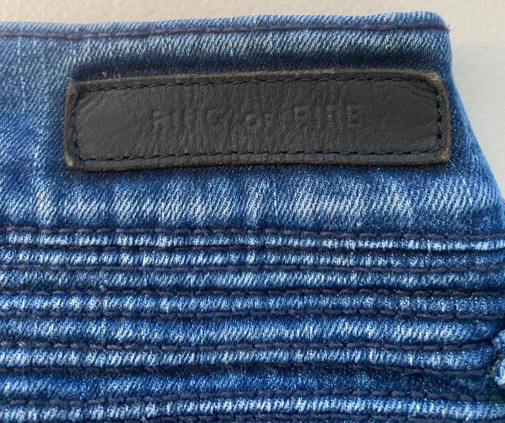 Ring of Fire Men's Moto Biker Jeans 30x32 Medium Blue Distressed Ribbed Knee
